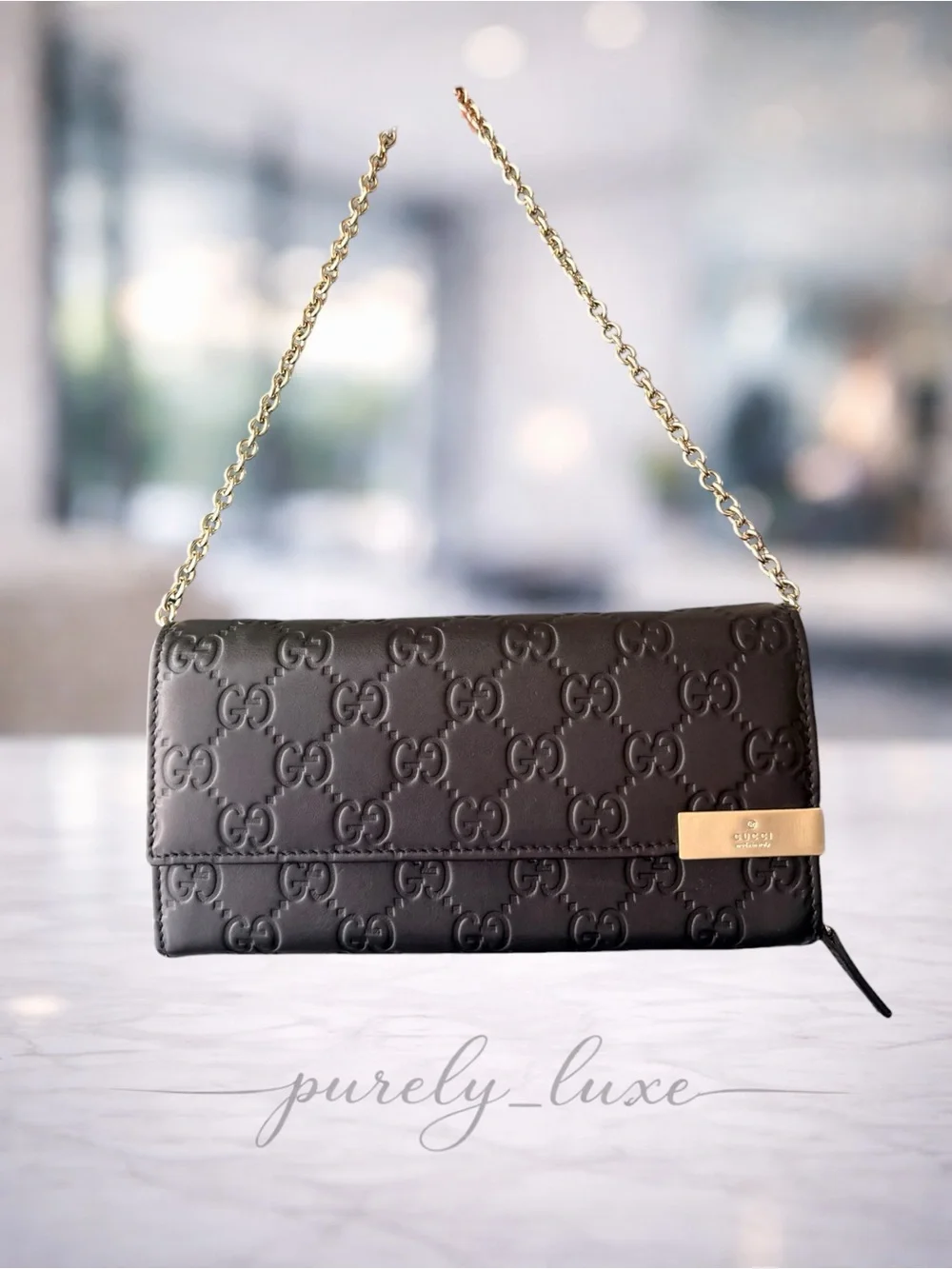 Authentic Gucci Chocolate Brown Embossed GG Leather Chain Clutch- FREE COA